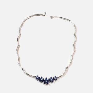 Blue Rhinestone Floral Motif Sterling Silver Necklace